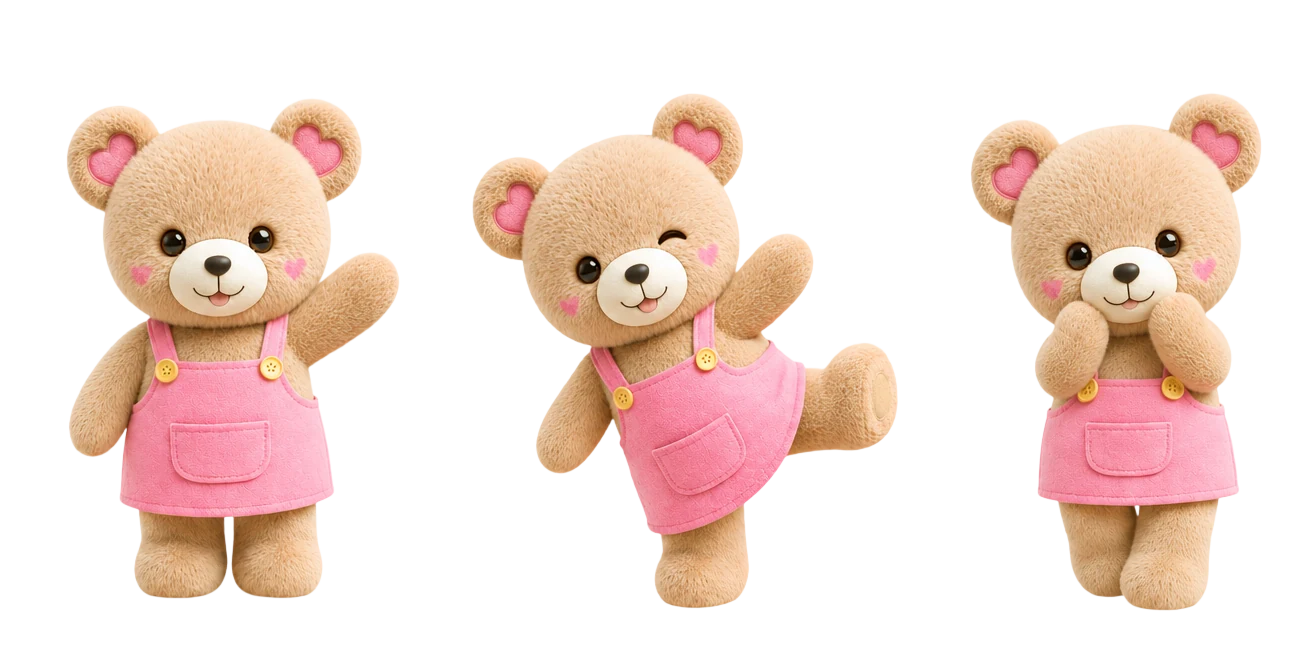분홍색 멜빵옷을 입고 손을 흔들고 춤추고 두 볼을 감싼 푸러블 곰돌이 캐릭터
